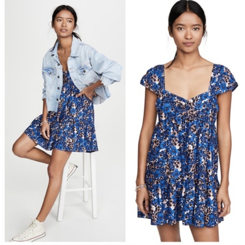 Free People Pattern Play‎ Mini Blue Floral Linen Dress Cool Combo Womens Size M